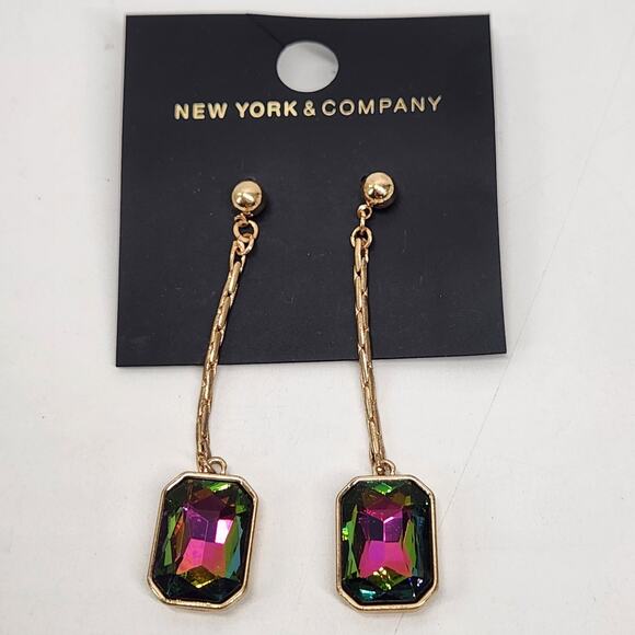 New York & Co. Gold Plated Rectangular Jewel Iridescent Crystal Drop Earrings - Picture 1 of 3